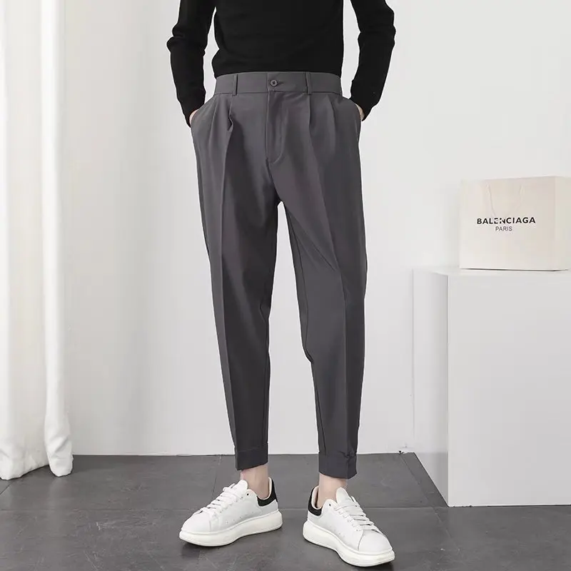Módne muži Príležitostné nohavice Elastický pás malé nohy Slim Kórejský štýl skladaný zúžený mužský sako nohavice nohavice na ulici Streetwear