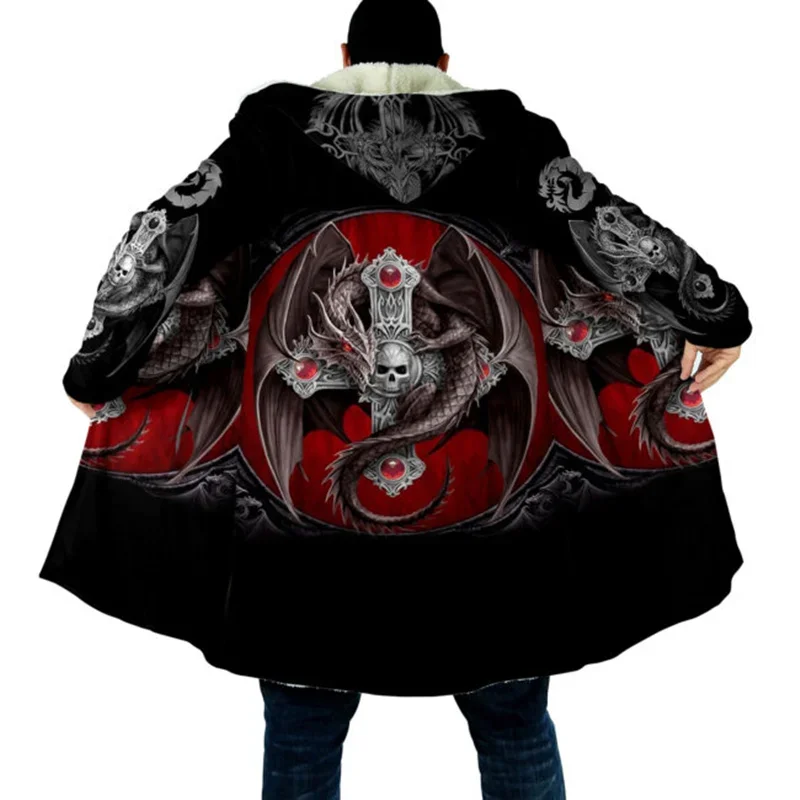 Módne mužské zimné kapucňa plášť Love Dragon tetovanie 3D celotelové tlač Wood s kapucňou plášť unisex príležitostne zahrnutý teplý plášť