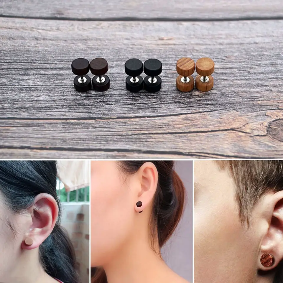 Módne návyky Prírodná drevená nehrdzavejúca oceľ pre mužov Dámske telesné šperky Barbell Ear Stud Anti-alergický