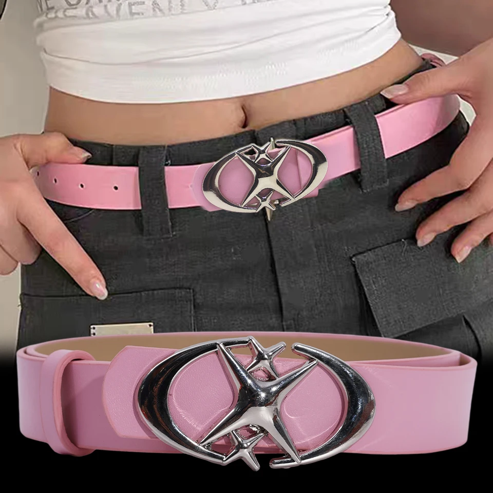 Módne pikantné dievča ružové pu kožené opasky kovový punk kríž Bunkle Moon Star Buckle Base pás žien y2k všestranná dekorácia