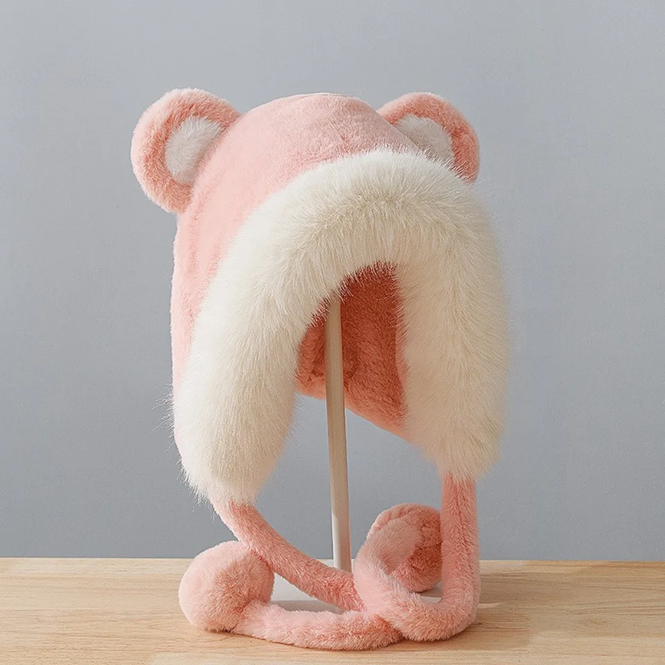 Módne pompom nadýchané zimné klobúky Ochrana teplého ucha Bear Uši klobúky Zhustané klobúky pletených čiapiek pre ženy