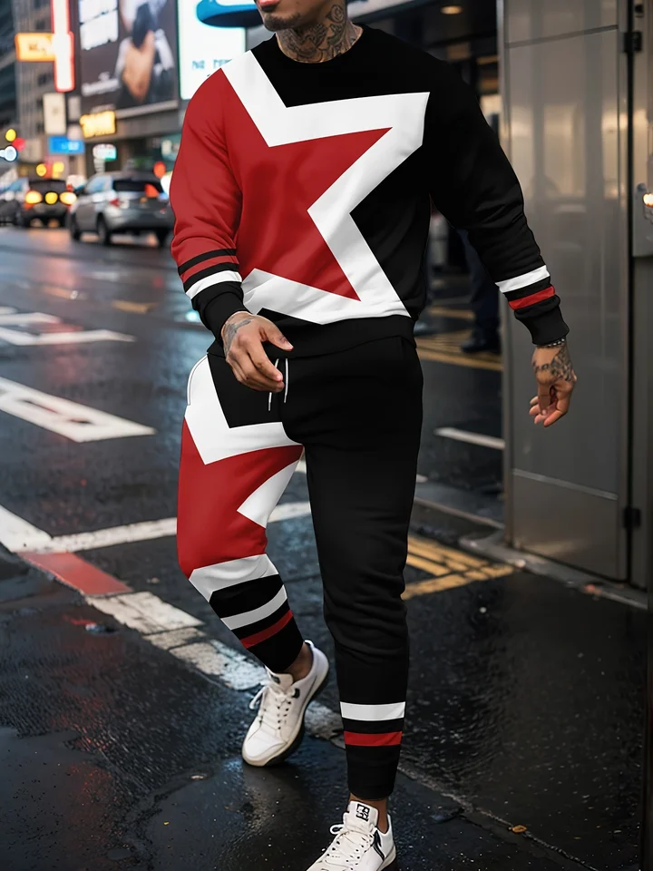 Módne pánske športové oblečenie s 3D hviezdami Golf Sports Hoodie Long Pants Round Neck