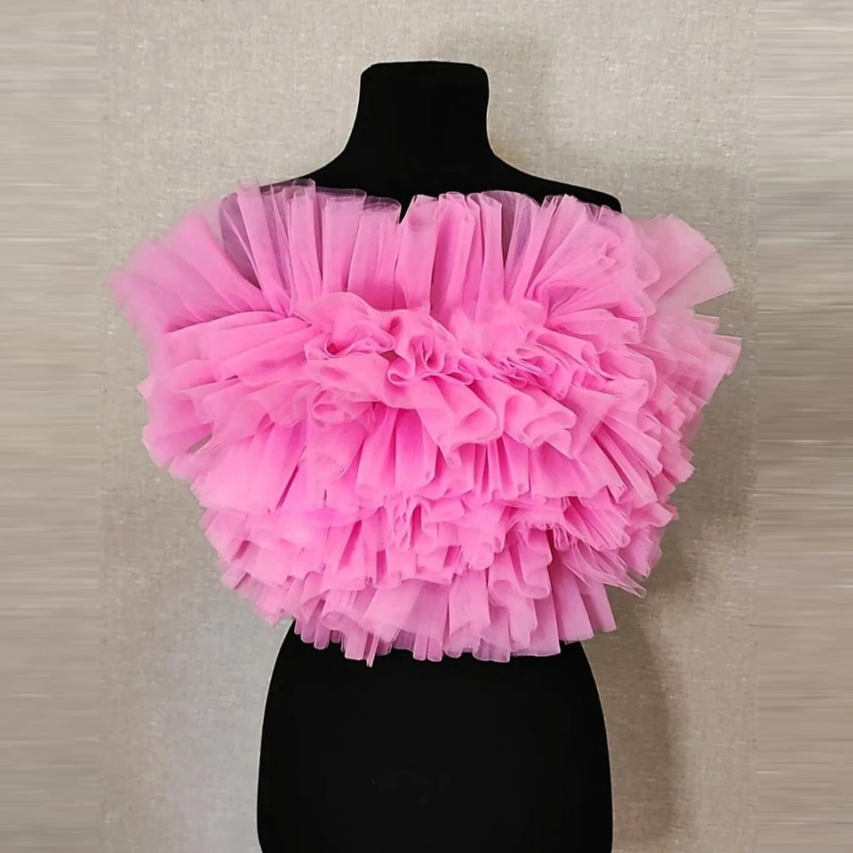 Módne remienky bez ramienok Ženy topánky s veľmi nafúknuté volanty odstupňované Tulle Prom Party Top Pretty Ružové mini letné topy na mieru vyrobené