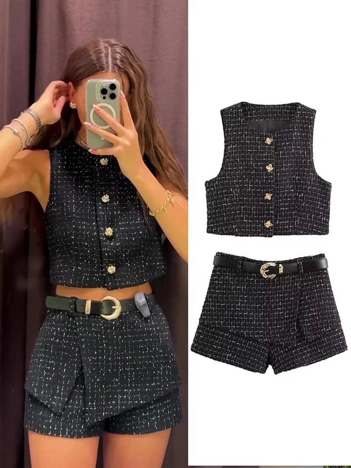 Módne Tweed Shorts Sety pre ženy Elegantné elegantné bez rukávov elegantná vesta High Was Shorts 2 kusy súpravy Y2K Lady Street Outfits