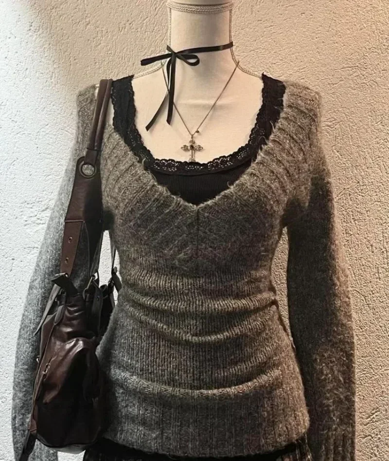 Módne vinobranie pletene V-krstné pletenie žien 2025 Skoré jeseň nové svetre Mujer y2k Grunge Slim Fit s dlhým rukávom
