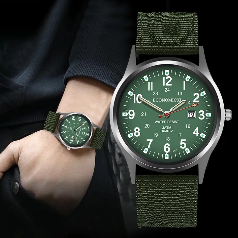 Módne vojenské športové hodinky Men Zelené hodinky nylonové remienok Automatické dátum Quartz náramkové hodinky Men Luminous Ruky reloj hombre