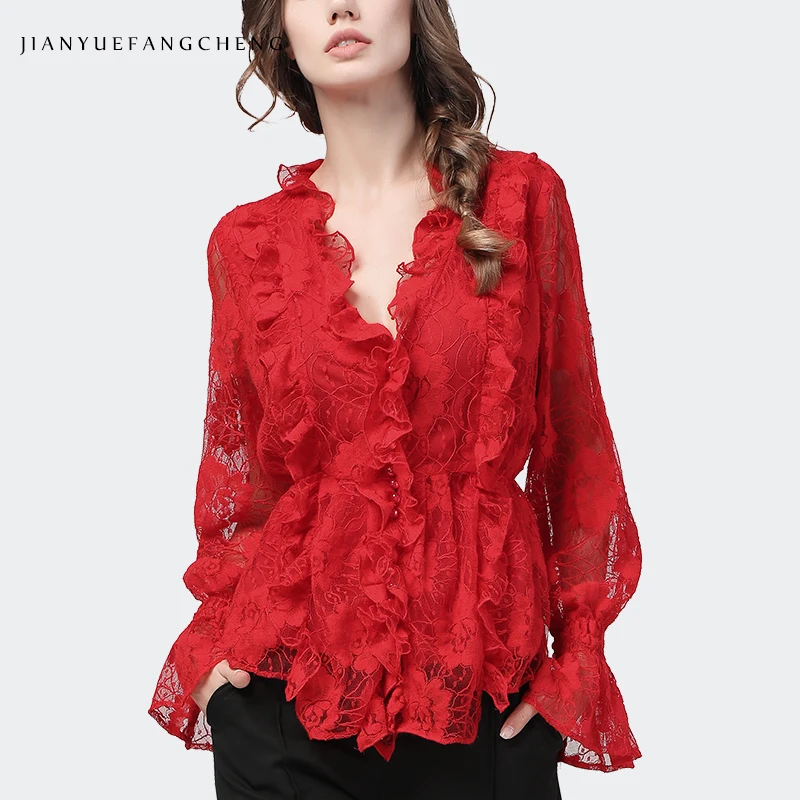 Módne vyvrcholenie Ženy s dlhým rukávom červené čipky top Sexy Sexy See cez V-Neck Dutlo kvetinové tričko Chic Slim Fit Dámske oblečenie