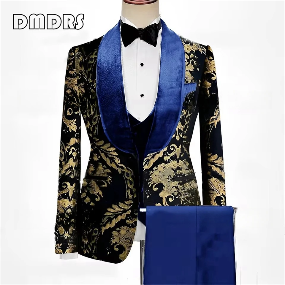 Módne zlaté vyšívacie obleky pre mužov, tri kusy, súpravy Velvet Collar Vest Pants, One Button Svadobné spoločenské obleky, smokedo