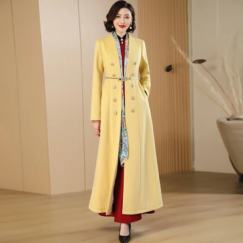 Módne zmesi Nové priekopy Ženy Jeseň Zimný kabát X-Long bunda Dvojitá dojčená Outle Office Lady Open Stitch Slim Cardigan
