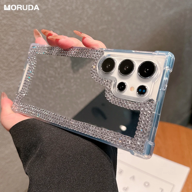 Módne zrkadlo make -up diamantové trblietky pre puzdro pre Samsung Galaxy S24 S23 S25 Ultra S22 Plus lesklý nárazový nárazový odolný vliek
