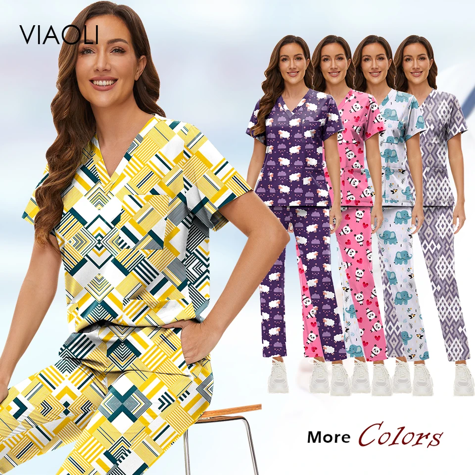 Módne čistiace vrcholy Ženy Roztomilé tlačené sestry Uniformné čistenie Pohodlné nemocničné ošetrovateľské súpravy Doctor Doctor Nurse Workwear Wholesale