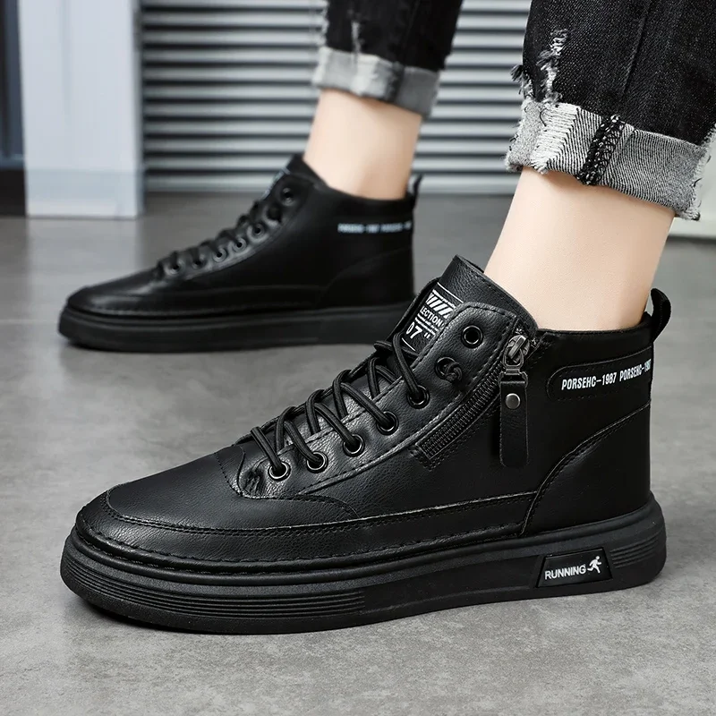 Módne členky topánky High Top Man Boots Solid Športové topánky Trend Motocyklové topánky topánky pre mužov tenisky na zips