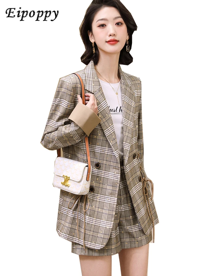 Módne ženy 2 kusové letné jarné formálne obchodné práce Noste nohavičky Khaki Plaid Blazer Jacket and Trouser