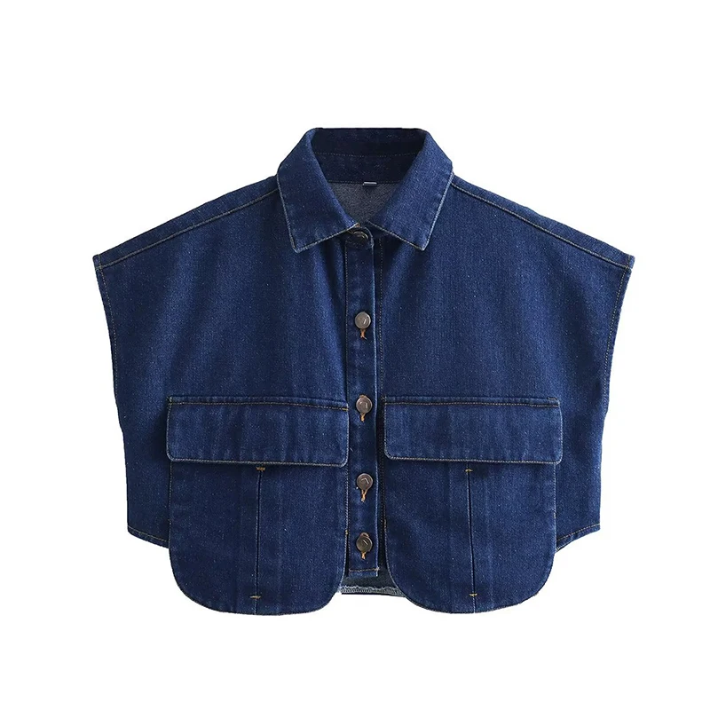 Módne ženy plodina denim košeľa Y2K Temperament bez rukávov Veľké vrecká Blúzka Žena letné leto elegantné príležitostné džínsy košele