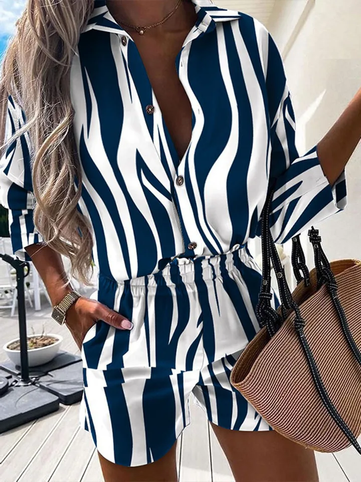 Módne ženy tlač dve kusové súpravy 2022 jarné leto letný krk s dlhým rukávom Topy Tops Tops Short Pant Suit Lady Príležitostný outfit