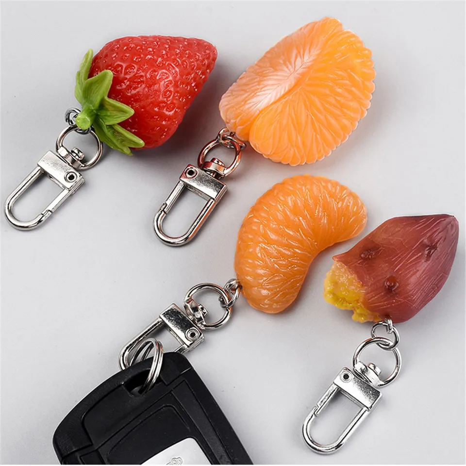 Módne živé napodobeniny ovocné kľúče retiazka Orange Strawberry Key prsteň Žena šperky Karika
