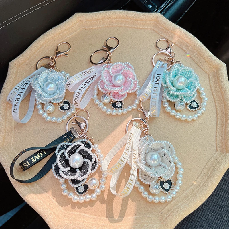 Módny butik šperky perlové reťaz ručne vyrábané camellia kvetinové keychain car key ring tašku prívesok doplnky