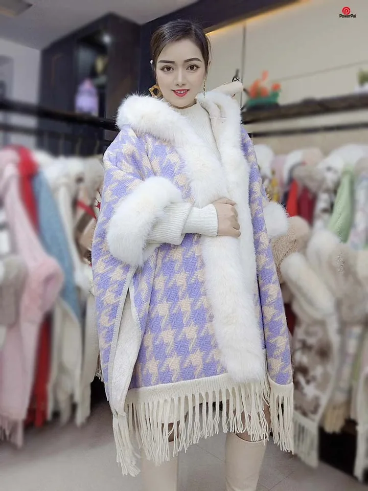 Módny houndstooth pletený bavlnený faux kožušina Cape Coat Hood Novinka strapce dlhé vonkajšie oblečenie žien zimné zábaly hrubé teplé teplé