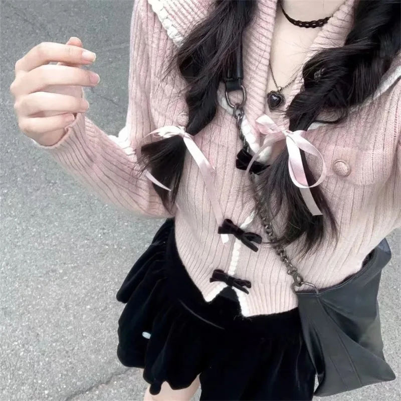 Módny japonský štýl luky, ktoré krátka dĺžka Slim Fit Pink Sweet Sweet Mardigan s dlhým rukávom s vysokým pásom pletene pletených kabátov M488