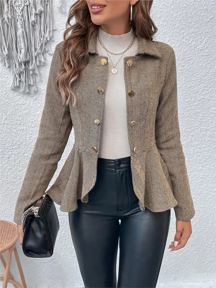 Módny klopa Jacquard vyrazil dámsky kabát s dlhým rukávom Nová jeseň zima Slim Double Breast Elegant Elegantná ženská kancelárska bunda