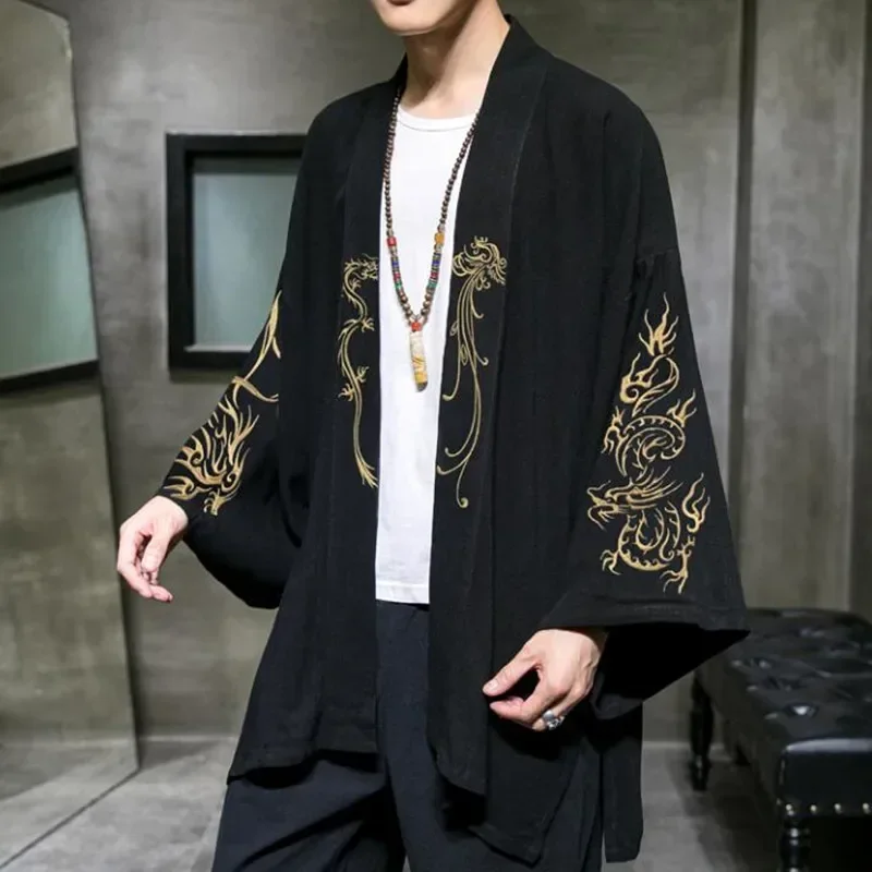 Módny kostým vyšíva hanfu pánsky čínsky štýl rúžca kardigan sako nadmerne kimono 5xl starodávny kabát muž