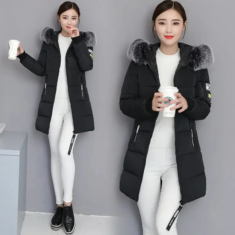 Módny kožušinový obojok s kapucňou dole bavlnený kabát dámske zimné parky bunda dlhé teplé čalúnené Puffer Parkas Snow