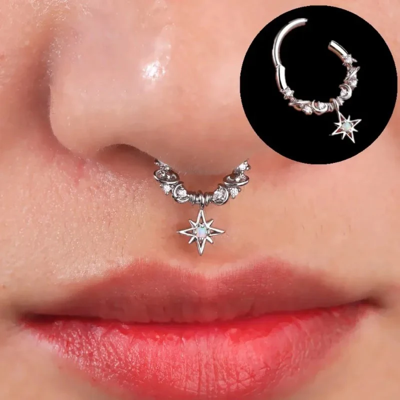 Módny kryštál z nehrdzavejúcej ocele Septum Clickers Clickers Nose prsteň Ženy Tragus chrupavka špirála prepichujúca obručové náušnice šperky