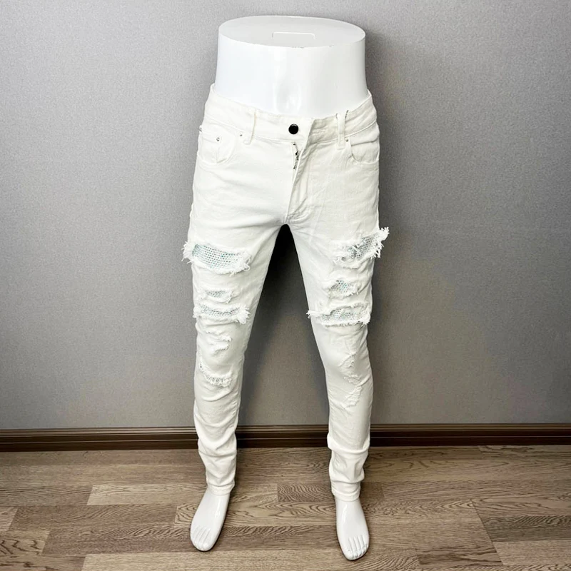 Módny návrhár muži džínsy biele farby napína elastické štíhle fit roztrhané džínsy Men streetwear opravené hip hopové nohavice hombre hombre