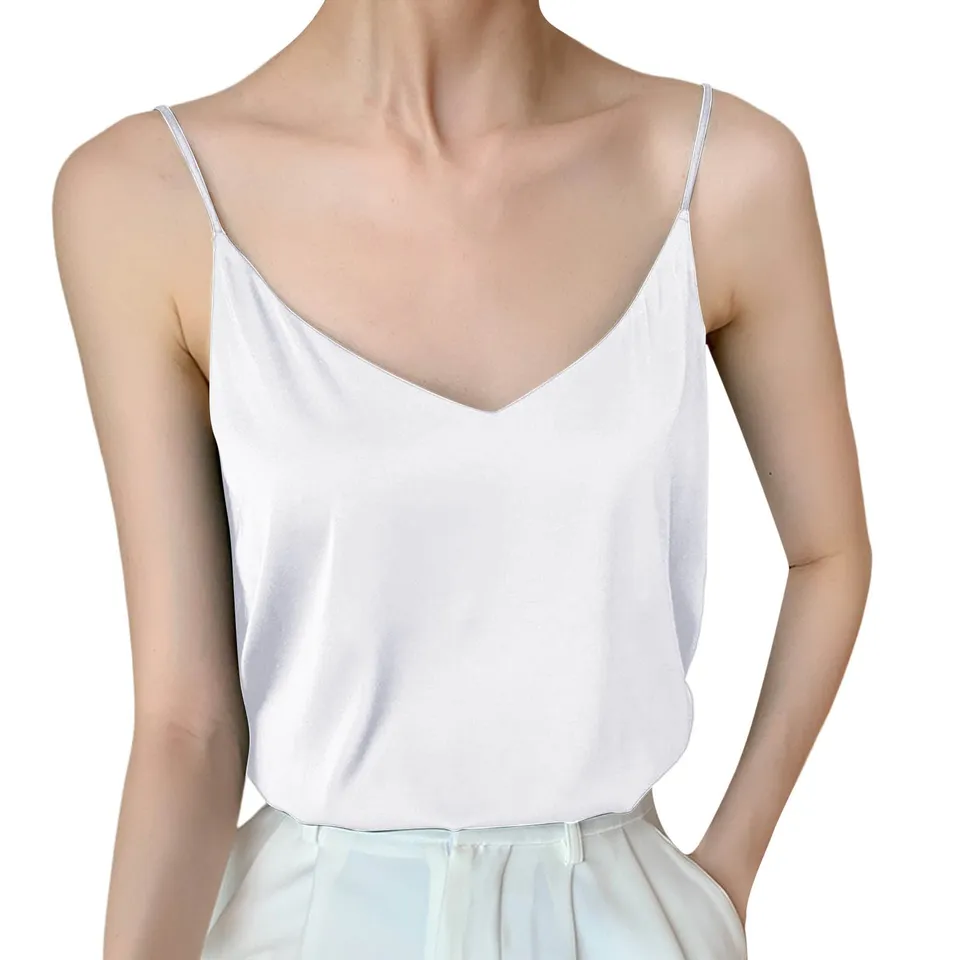 Módny popruh top Ženy halter V-krk základná tuhá farebná farba Cami Satin Satin Silk Hodváb Tank Tops Dámske letné sexy camisole