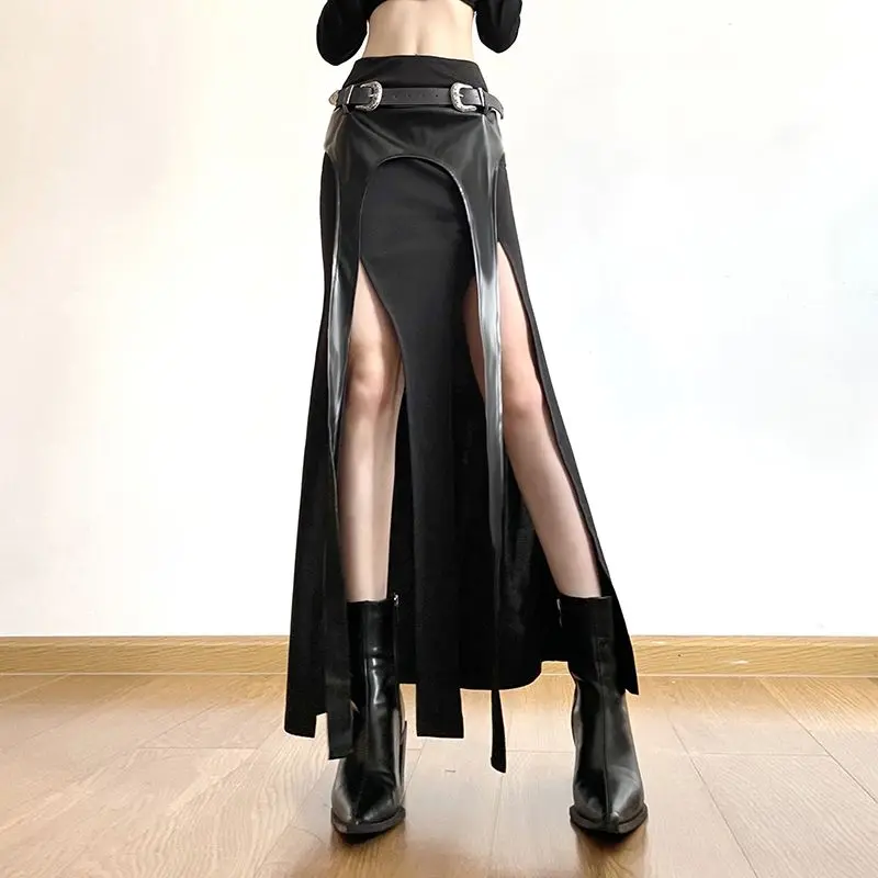 Módny pásový pás zápas dlhá sukňa Ženy Goth Streetwear High pásovia rovné strapce štrbiny midi sukne dámy sexy oblečenie
