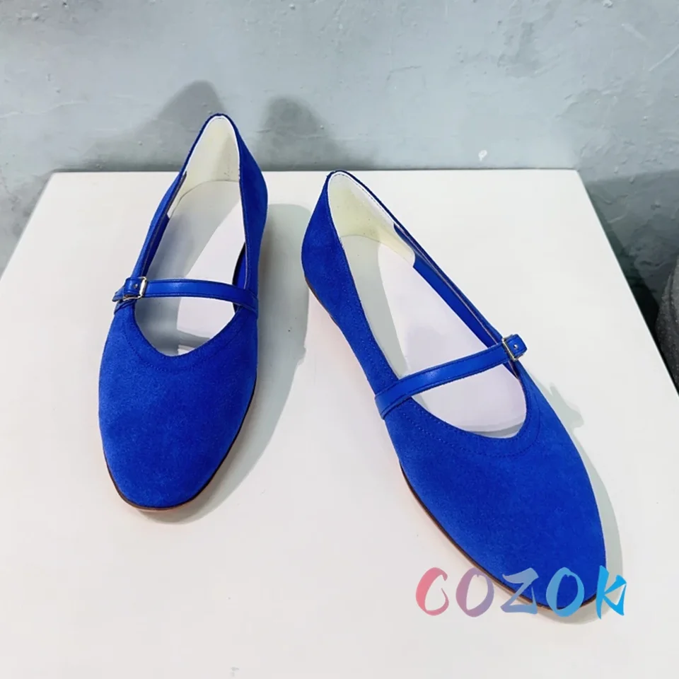 Módny semišový predný popruh ploché Mary Jane Real Leather Round Round Toe Ballerina Flats letné dám