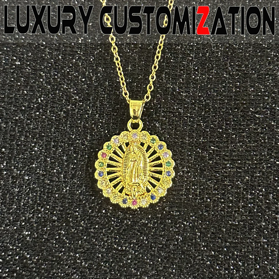 Módny vlastný dámsky náhrdelník, Gemstone Inlaid Virgin Pendant, 18k zlatý, vhodný na každodenné nosenie, darček na dovolenku
