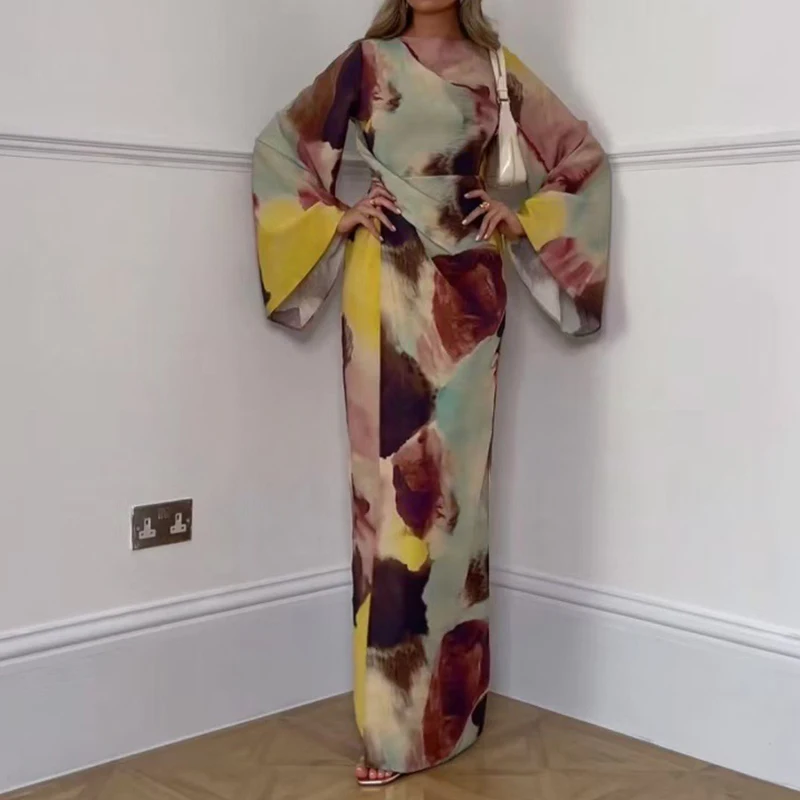 Módny vzor potlačený zahalený dlhý šaty Spring Fall Fall Long Ruckve Party šaty Ženy Elegantné O-krk na vysoký pás šaty šaty