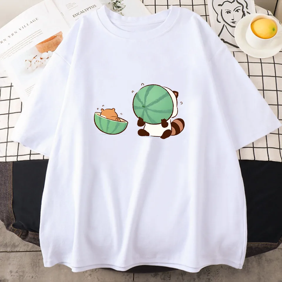 Mýval jesť melón kawaii Grafické tričko Cotton Vysoko kvalitné dievčatá Tee-tričko Príležitostné ženy/mužov Trhirky letné roztomilé košele