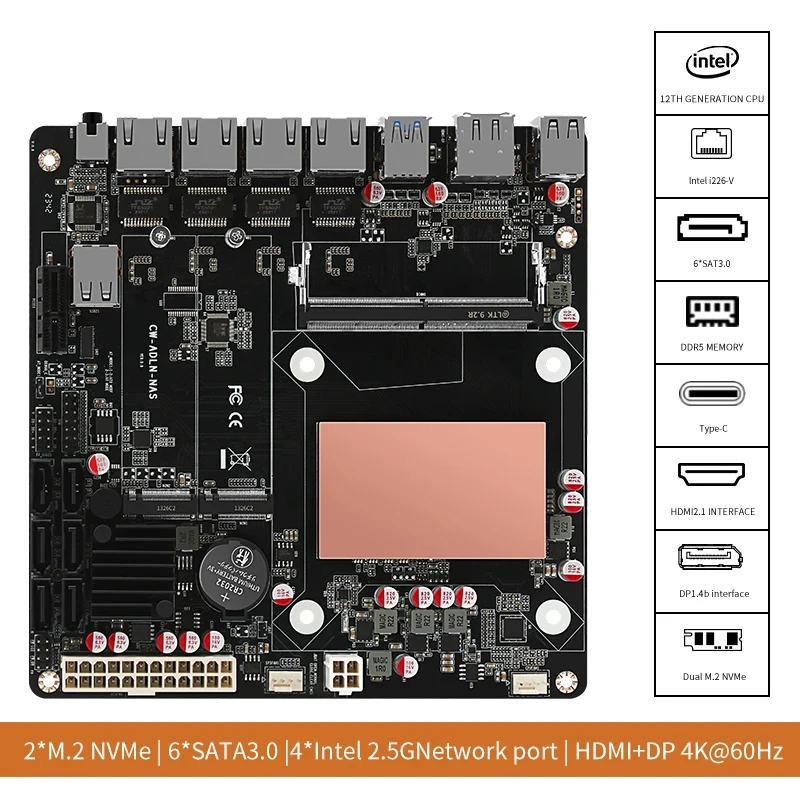 N100 6 Bays NAS Základná doska 4x 2,5Gnetwork Card 6x SATA3.0 2x M.2 NVME DDR5 17x17 MINI ITX Základná doska s PCIe DIY Nass
