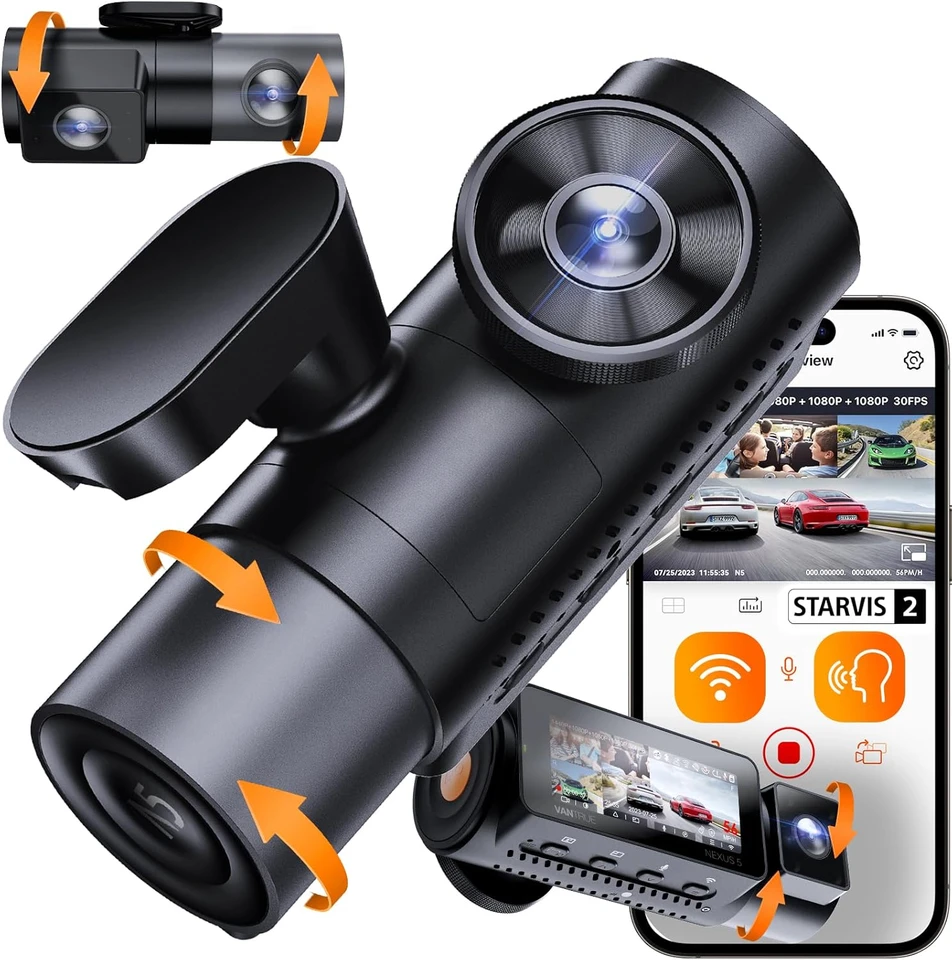 N5 4 kanál WiFi 360 ° všetky strany Dash Dash Cam, Starvis 2 IR Night Vision, 2,7K+1080p*3 predné zadné zadné vo vnútri Dashcam, hlasové ovládanie