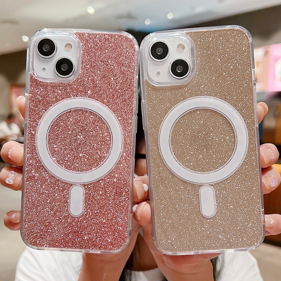 N52 Strong Magnet pre iPhone 15 14 13 12 11 Pro Max Plus x xr SE Soft Soft Glitter Wireless Nabíjanie pre Magsafe Cover Shell Funda