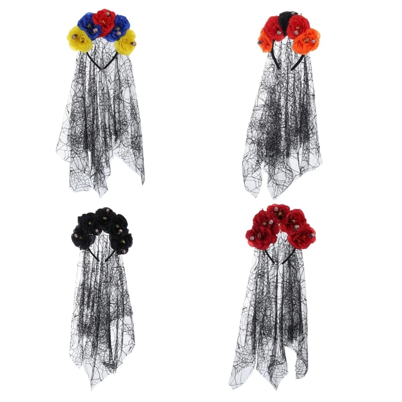 N5ke gotická lebka čelenka Halloween čelenka Goth Flower Crowns for Women Day of Dead Headband Goth Spider Web Veil