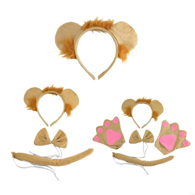 N7YF Kids Animal Costume Lion Ears Headband Bowtie Tail Rukavice 1/3/4ks