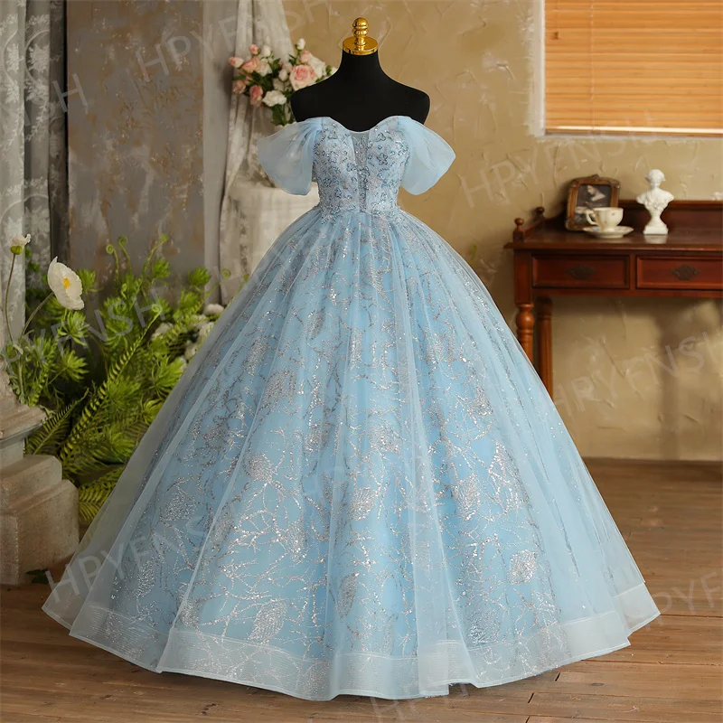 Na mieru z ramena obloha modrá quinceanera šaty nové luxusné korálkové flitre sladké večierky ples vintage quinceanera šaty