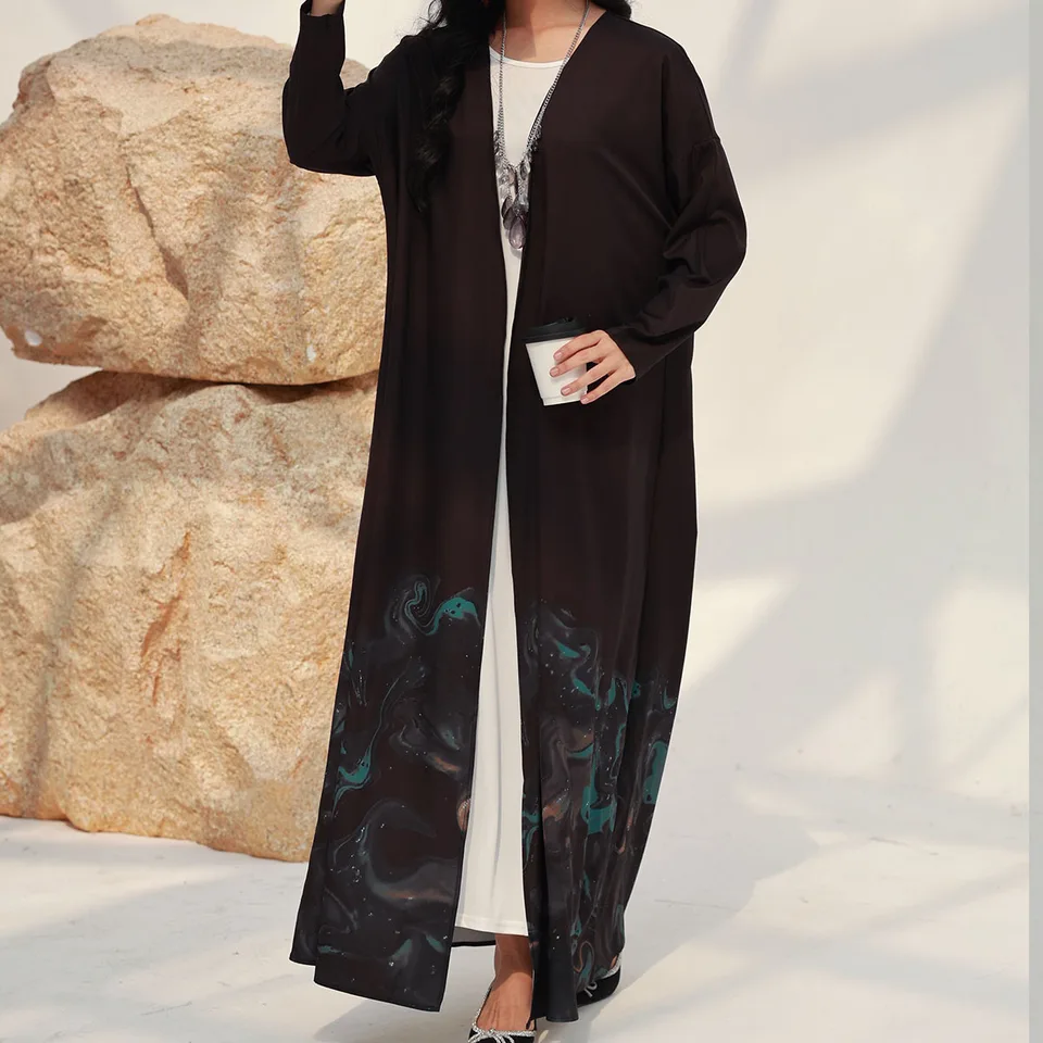 Na strednom východe otvorené predné predné abaya moslim s plným rukávom uvoľnený elegantný Abayas Turecko kaftans Ženy Jilbabs Islamské maxi šaty