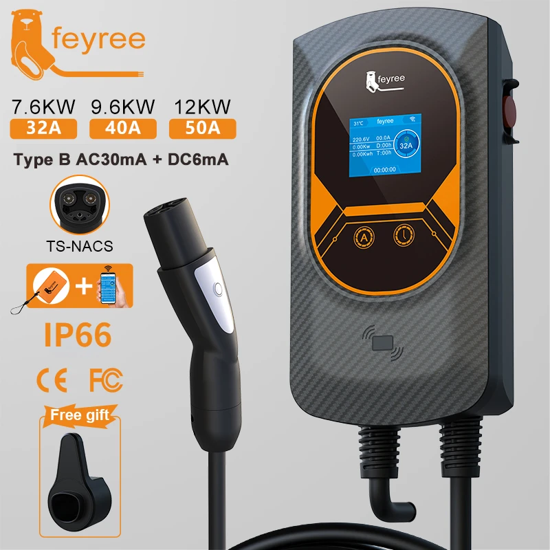 Nabíjacia stanica Feyree EV pre ts-nacs soket evSe wallbox 32a 7.6kw 40a 9,6 kW 50a 12kw rýchle nabíjanie aplikácie pre ovládacie prvky pre auto Tesla