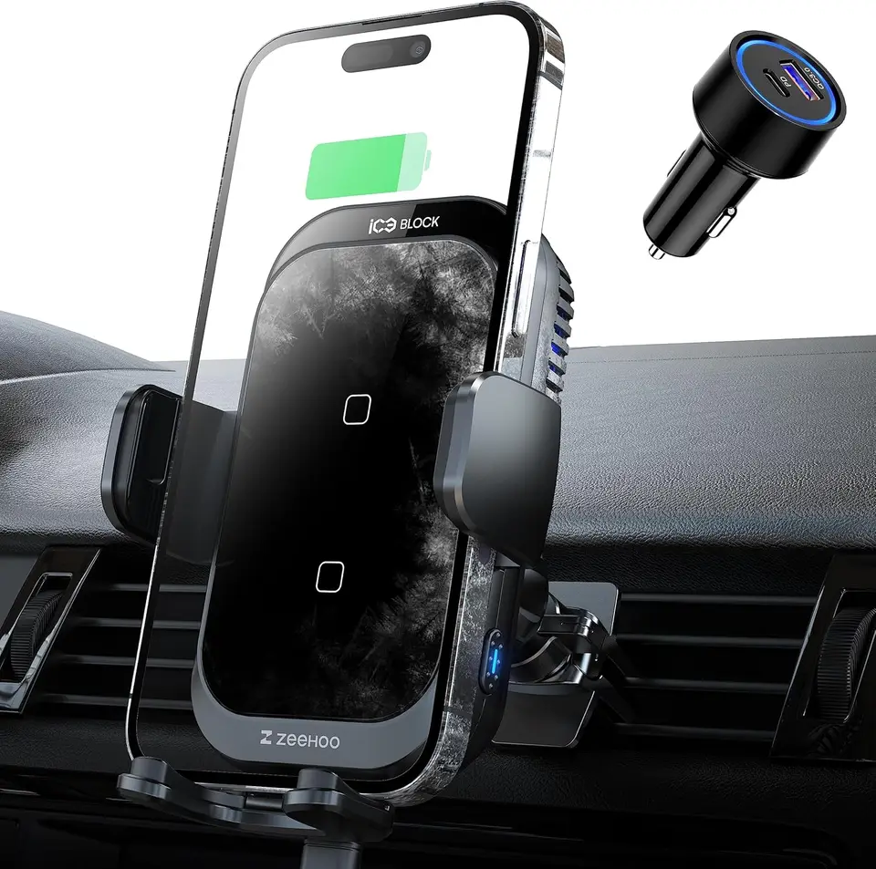 [Nabíjanie na chladenie ľadu] Bezdrôtové nabíjačka automobilu, Zeehoo 15W Ice Block Duálne cievky Rýchle nabíjanie automatického pripojenia telefónu pre iPhone 16