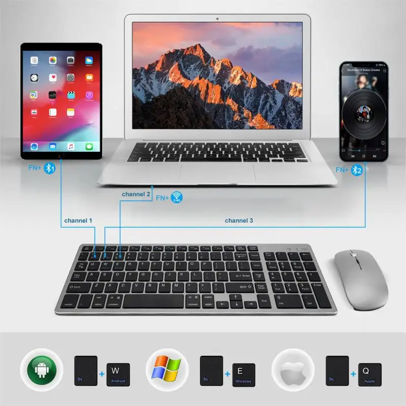 Nabíjateľná klávesnica a myš Combo Russian Hebrew Wireless Compakt Slim Tichú klávesnicu myši nastavená pre počítač s prenosným počítačom