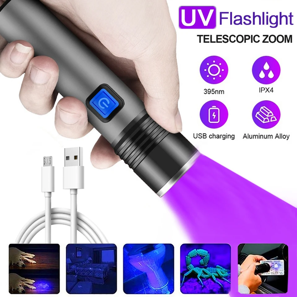 Nabíjateľná LED UV UV baterka ultrafialová pochodeň Zoombable Mini 395nm UV čierne svetlo Pet moč pretekárov detektor Scorpion Hunting
