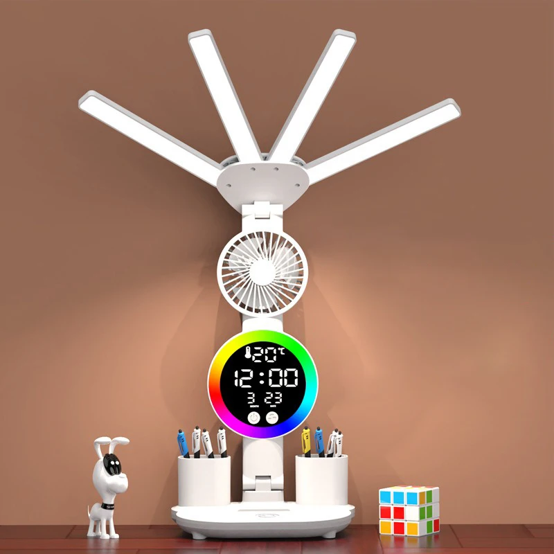 Nabíjateľná stolová lampa na štúdium, stolové svetlo LED svetlo LED svetlo LED s ventilátorom, LED hodinové čítanie lampy