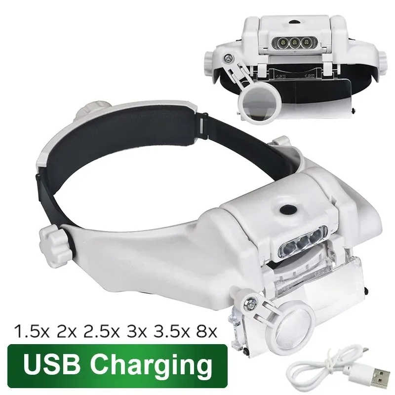 Nabíjateľné okuliare USB Loupe WatchMaker Opravy Opravy okuliare LED čelenka LED čelenka 1,5x 2x 2,5x 3x 3,5x 8x