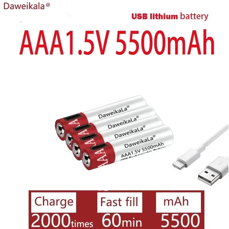 Nabíjač bezplatnej veľkej kapacity 1,5 V AAA 5500 mAh USB Nabíjateľná lítium -iónová batéria pre diaľkové ovládanie bezdrôtovej myši + kábel
