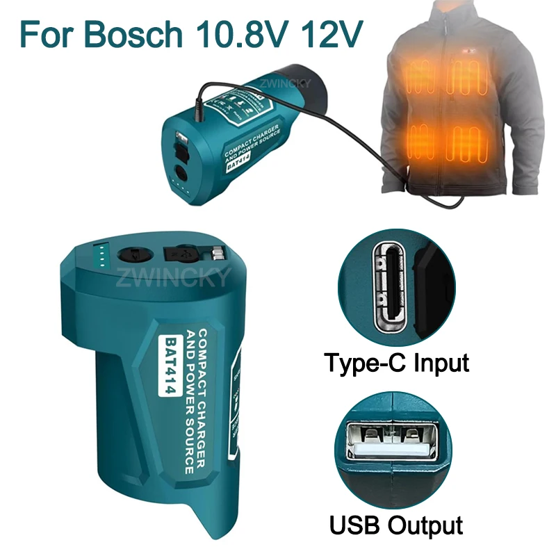Nabíjačka adaptéra batérie pre BOSCH 10,8 V 12V LI-iónová batéria pre 12V vyhrievanú bundu s portom USB DC 12V, vstupný port na charing typu C