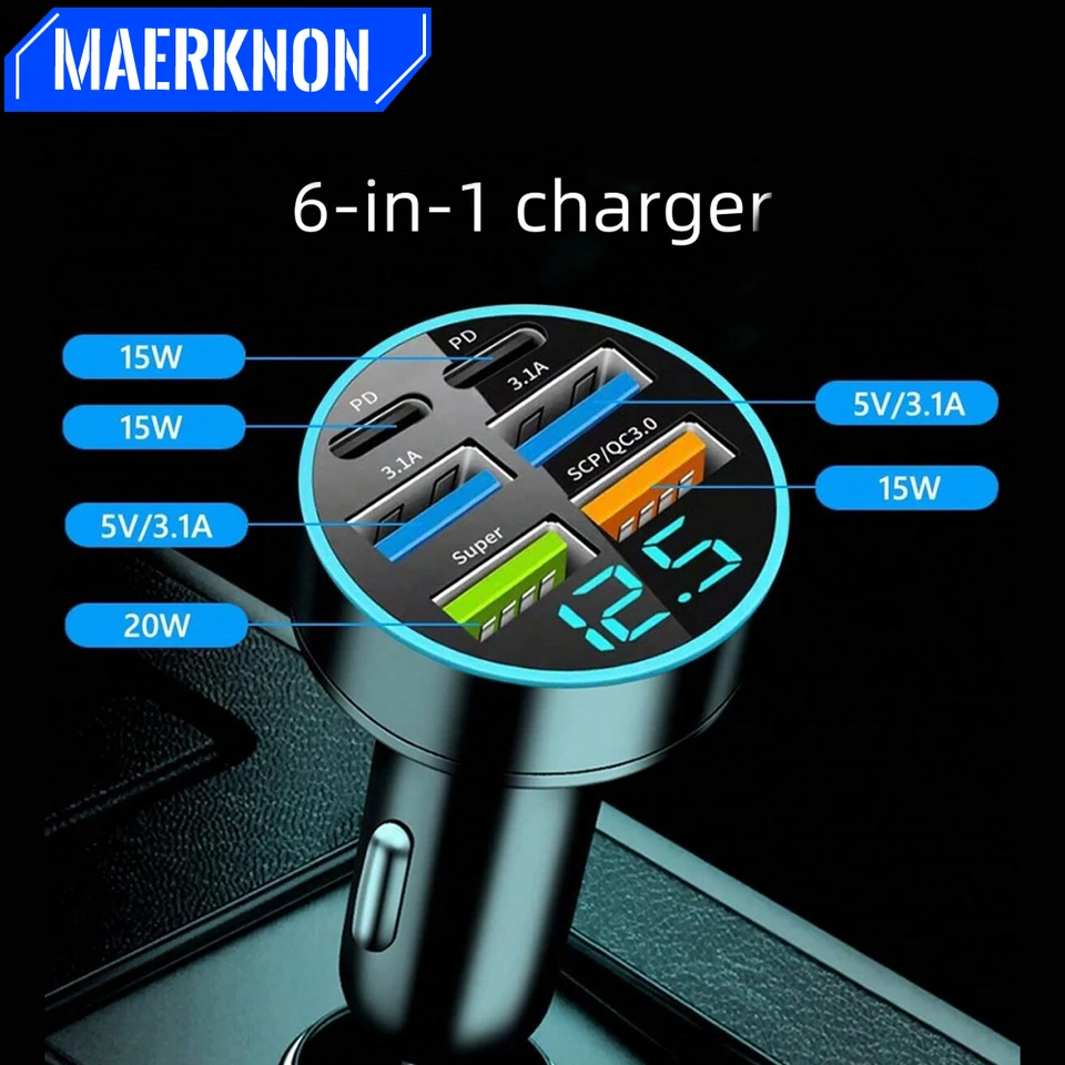 Nabíjačka automobilu 6 v 1 rýchle nabíjanie PD QC3.0 USB C s monitorom napätia pre iPhone Samsung Vivo Oppo OnePlus mobilné telefóny